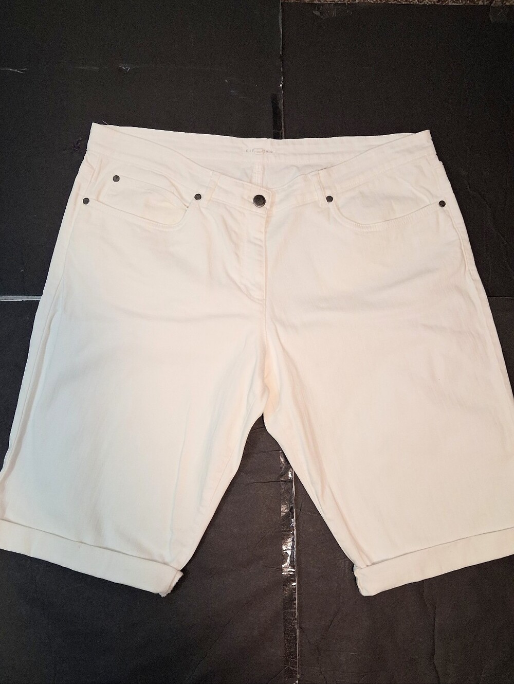 Eileen Fisher Bermuda Jean Shorts Women Mid Rise, Pockets, Cuffs, White,  L/ 14
